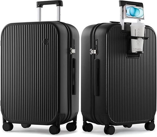 mixi Checked Luggage with Cup Phone Holder Hard Shell Rolling Travel Suitcases with Spinner Wheels,26 Inch Black