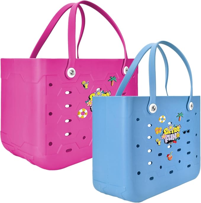 2-Piece Tote Bag Set, Waterproof Rubber Beach Bag with Summer Pattern, Medium & Large Handbag for Pool, Beach, Boat
