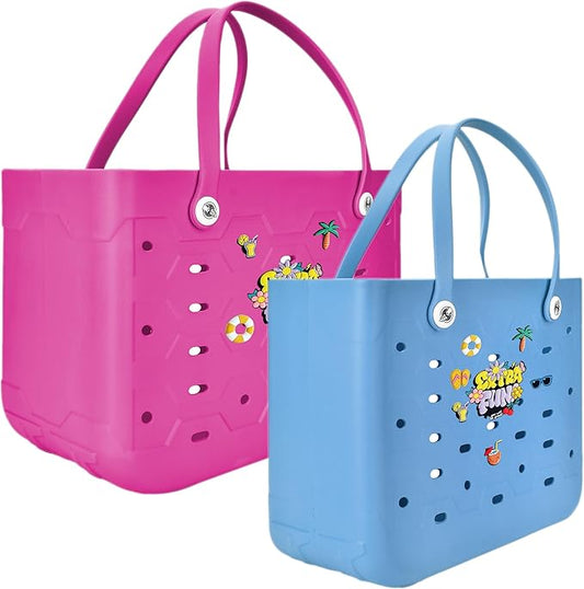2-Piece Tote Bag Set, Waterproof Rubber Beach Bag with Summer Pattern, Medium & Large Handbag for Pool, Beach, Boat