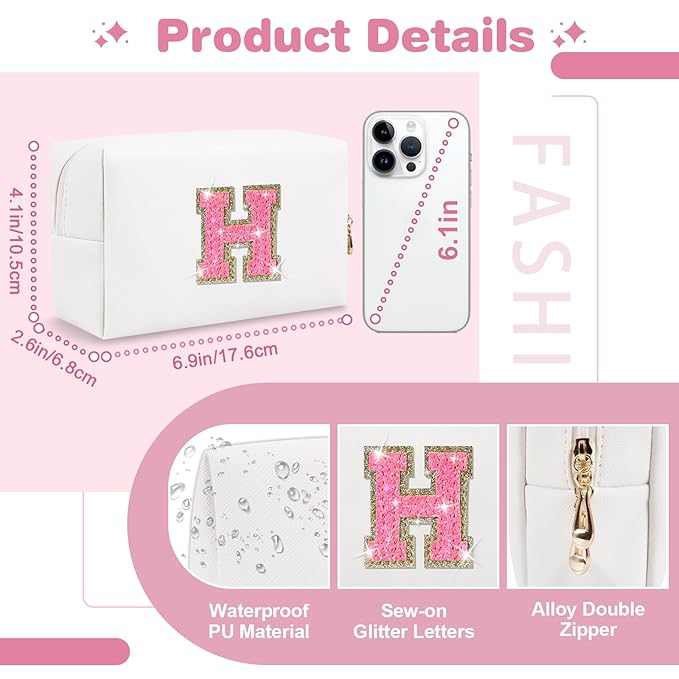 Small Personalized Initial A-Z Patch Makeup Bag,White Cute PU Leather Glitter Letter Cosmetic Bag for Teen Girls,Travel Toiletry Bag with Zipper,Preppy Monogrammed Birthday Gift for Daughter Niece H