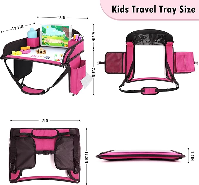 WENRENER Kids Travel Tray for Airplane - Toddler Car Seat Table Tray, Road Trip Essentials for Boys & Girls, Carseat Lap Desk for Kids Road Trip Activities (Pink)