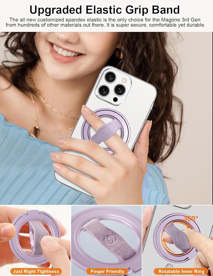 EWA MagOne 3rd Gen [Compatible with MagSafe] Phone Grip Stand with Finger Strap, Removable Magnetic Ring Holder Kickstand Loop for iPhone 16,15, 14, 13, 12 Series-(Purple)
