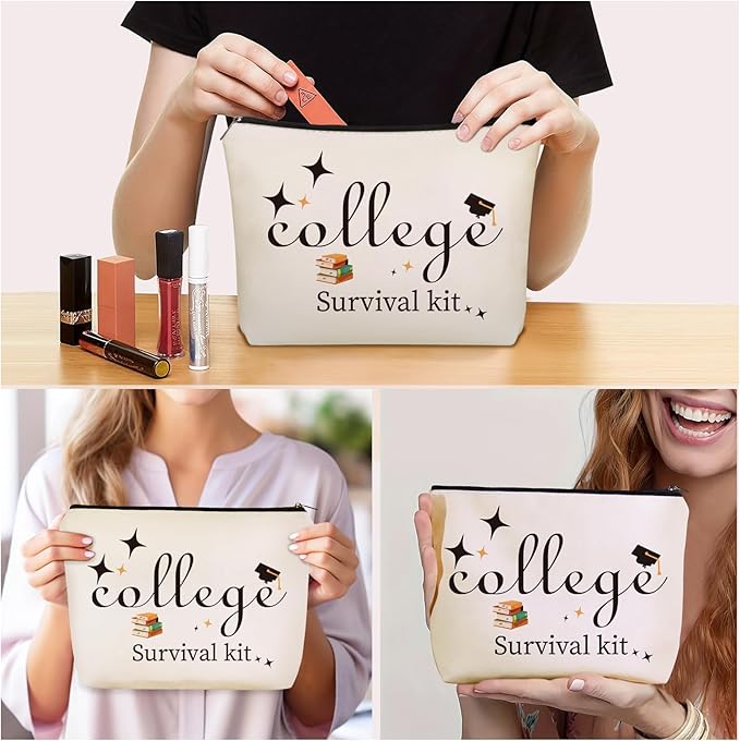 College Survival Kit Makeup Bag - Water-Resistant Cosmetic & Toiletry Organizer Pouch, Cute Graduation Gift for Girls, Teens, Daughters, Niece (Dorm, Travel, Daily Essentials)