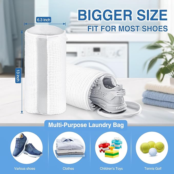 2PCS Reusable Shoe Wash Bags, White, Zipper Closure, Basic Style, 6.3" Diameter x 13" Length, Fits Most Shoe Sizes, Tearproof, Foldable, Expandable, Water Resistant