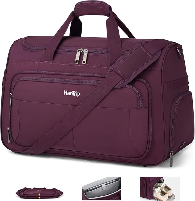 HanTrip Carry on Duffel Bag Foldable Duffle Bags for Travel, Large Personal Item Bags for Airplanes, Weekender Overnight Mens Travel Tote Bag for Women Softside Carry on Luggage (Purple)