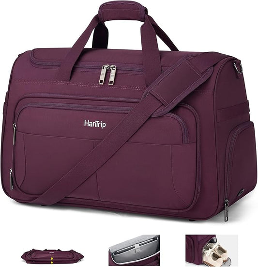 HanTrip Carry on Duffel Bag Foldable Duffle Bags for Travel, Large Personal Item Bags for Airplanes, Weekender Overnight Mens Travel Tote Bag for Women Softside Carry on Luggage (Purple)