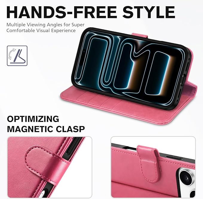 TUCCH Wallet Case for iPhone 17 Pro Max (6.9") 2025, 4 Card Slots | RFID Blocking | Stand | Shockproof TPU Shell | PU Leather | Magnetic Closure | Protective Flip Folio Cover | Hot Pink