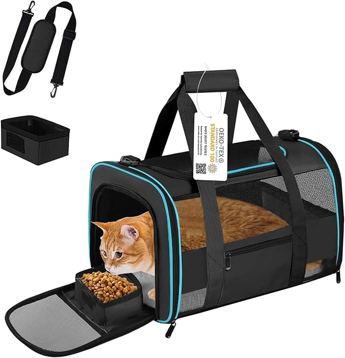 Soft - Sided Pet Carrier for Cats and Small Dogs, Airline - Approved, Black Travel Tote with Mesh Windows, Foldable Bowl, Shoulder Strap, Oeko - TEX Certified