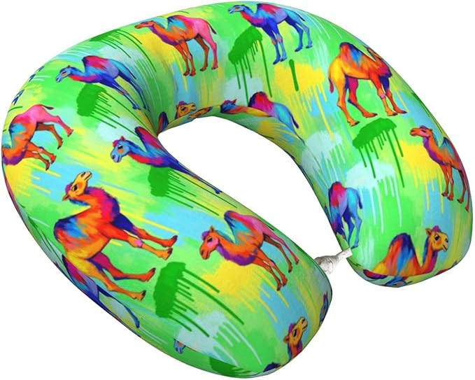 Funny Neck Pillow Support for Car Flight Rest Llama Alpaca Watercolor Camels Painting, Memory Foam U Shaped Decor Head Cushion for Home Outdoors Travel
