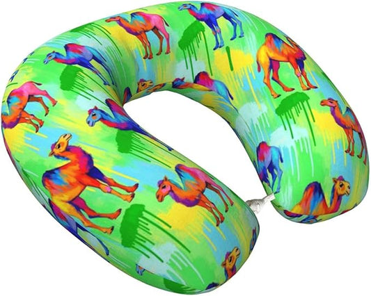 Funny Neck Pillow Support for Car Flight Rest Llama Alpaca Watercolor Camels Painting, Memory Foam U Shaped Decor Head Cushion for Home Outdoors Travel