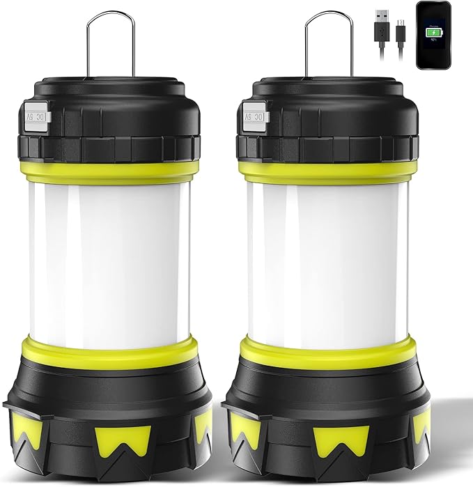 Rechargeable Flashlights Camping Lantern, 6 Modes LED Bright Flashlight 3000mAh Battery, IPX4 Waterproof, Emergency Flashlight Lantern for Outdoor， Hurricane, USB Cable Included-2 Pack