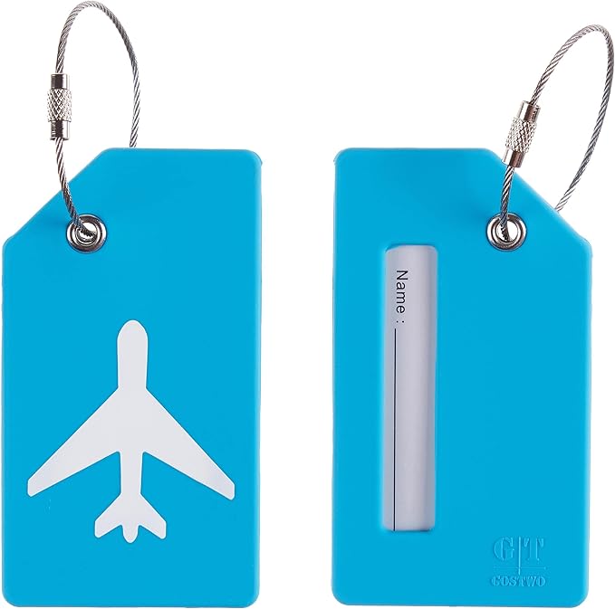 Gostwo 2 Pack Silicone Luggage Tags for Suitcases, 26 Initial Letter Baggage Labels Handbag School Bag Suitcase Instrument Tag with Stainless Steel Loop(Sky Blue)(Airplane)