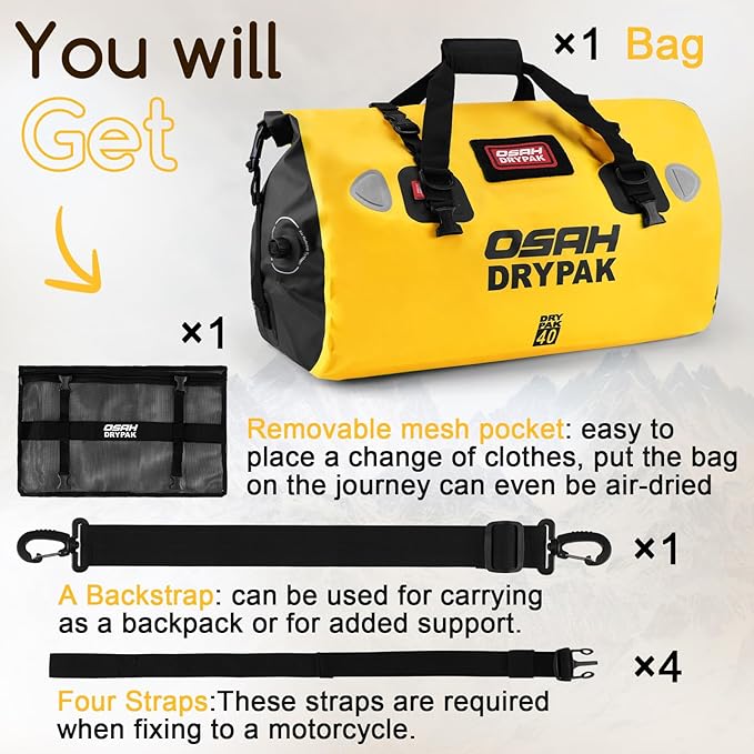 Waterproof Duffel Bag - Motorcycle Dry Bag Tail Bag with Large Storage Space, Waterproof Luggage Duffle Bags with Outer Mesh Zipper Pocket for Camping, Kayaking, Fishing & Traveling
