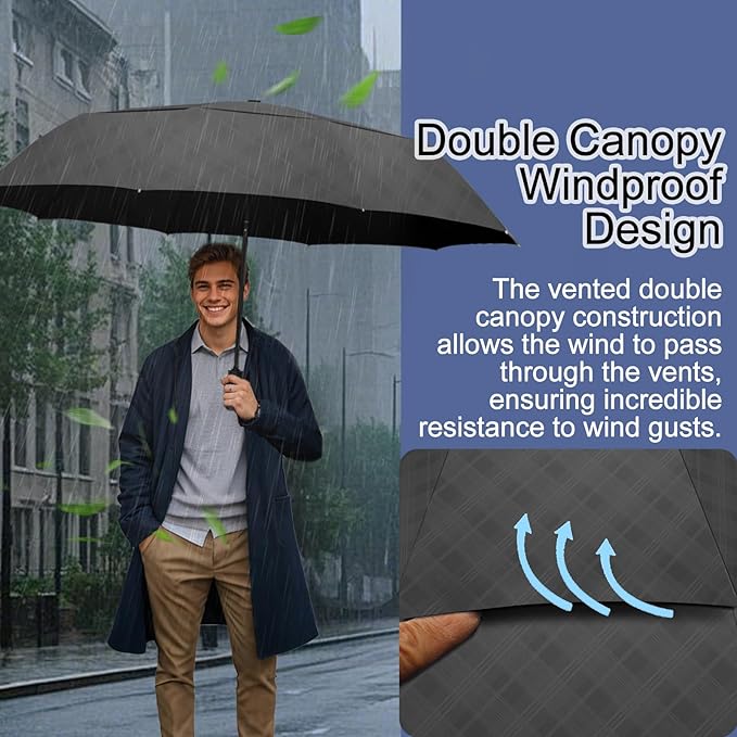 Satol 46/54/62 Inch Large Golf Umbrella, Windproof 10 Ribs Automatic Open/Close Oversize Double Canopy Vented Portable Folding Travel Umbrellas, UPF 50+ Sun & Rain Compact Umbrellas for Outdoor