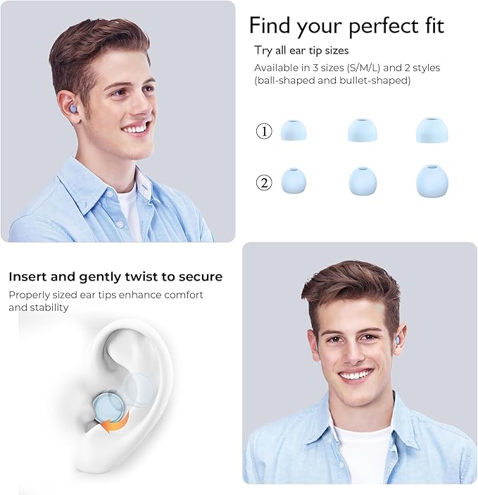 2 Pairs Ear Plugs for Sleeping, Soft Full Silicone Ear Plugs for Noise Reduction 25dB, Reusable Hearing Protection Earplugs for Concert, Focus, Travel, 8 Ear Tips in S/M/L - Blue