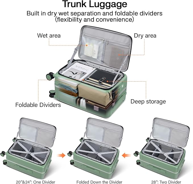 Hanke 28 Inch Luggage with Cup Holder and Charge,Top Opening Hard Shell Suitcases with Wheels and Dividers,Aluminum Frame Trunk Luggage Extra Large Suitcase with Lock for Travel,Forest Green