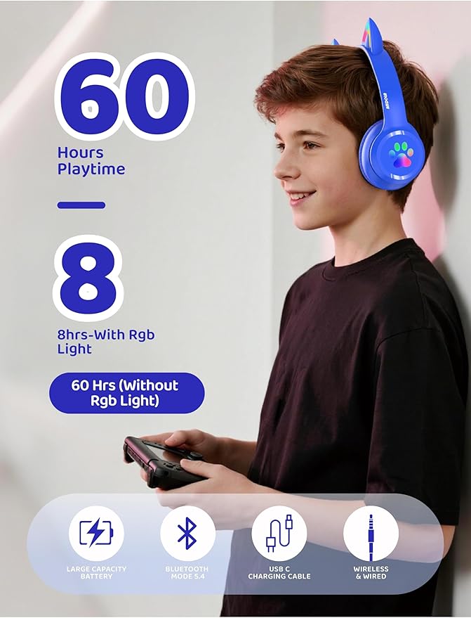 MIDOLA Kids Headphones Cat Ear Wireless Bluetooth 5.3 60H Over Ear, 8H with Led Light Foldable Headset with Aux 3.5mm Mic for Travel Pad Tablet Blue
