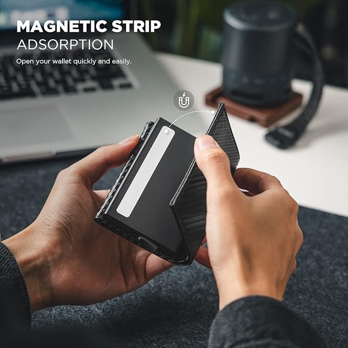 VULKIT Pop up Card Wallet Minimalist Cash Wallets RFID Blocking Leather Smart Credit Card Holder with ID window for Men(Carbon Black)