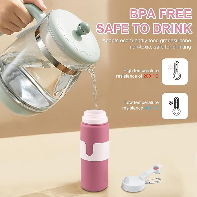 Collapsible Water Bottles for Travel - 26oz BPA-Free Foldable with Carabiner, Lightweight Leak-Proof Design, Portable Reusable Bottle for Hiking, Airplane, Camping (Pink)