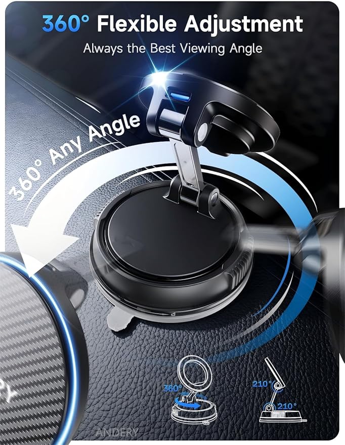 ANDERY Only for iPhone Magsafe Car Mount Charger [15W Wireless Faster Charging, 78+LBS Strongest Suction, 2400gf Strongest Magnetic] 360° Adjustable, Phone Holders for Your Car for iPhone 17-12