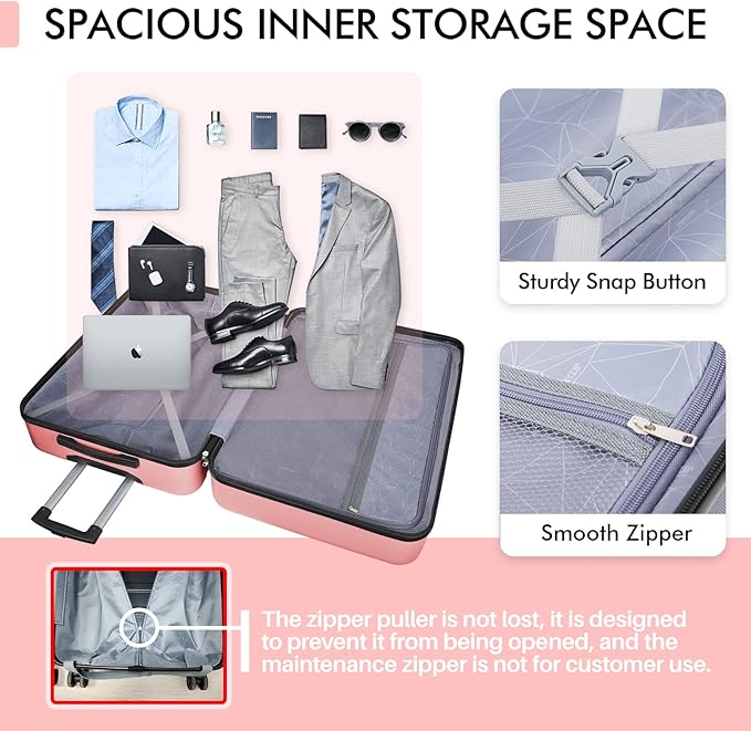 AnyZip Luggage PC ABS Hardside Lightweight Suitcase with 4 Universal Wheels TSA Lock Checked-Medium 24 Inch Pink