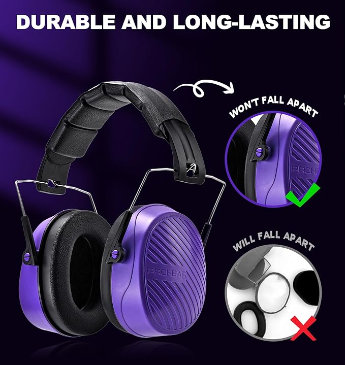 PROHEAR 038 Ear Protection Safety Earmuffs for Mowing, 28dB Noise Reduction Passive Hearing Protector, Compact Foldable Headset for Shooting Construction Power Tools, Purple