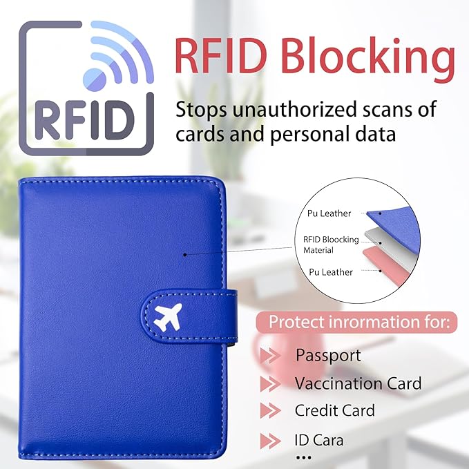 Passport Holder, Travel Wallet Cover with Pen Loop | Cute RFID Blocking Leather Case with Magnetic Closure for Travel Essentials-Blue