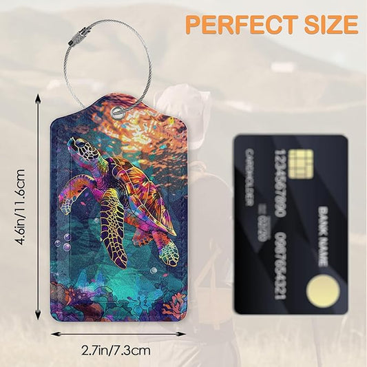 Colorful Turtle Shark 3 Pack PU Leahter Luggage Tag with Stainless Steel Loop, Cute Dolphin Jumping Sunset Travel Suitcase Labels with Privacy Cover ID Label Quickly Spot for Bags