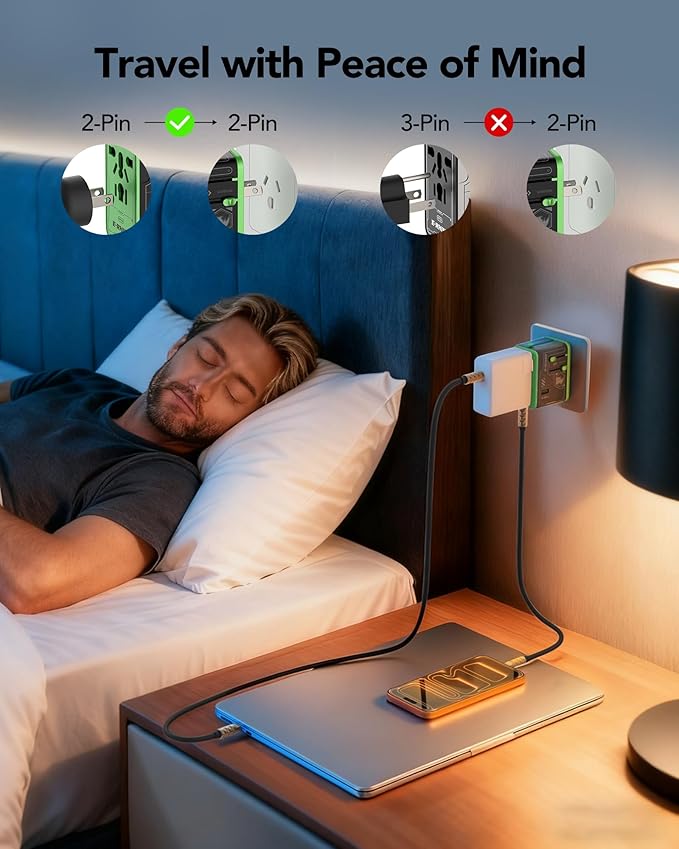 Mfish Universal Travel Adapter, 75w 5-Port International Plug Adapter, 1 USB-A, and 3 USB-C, Worldwide Wall Charger for EU/UK/AUS/CN Compatible with Over 200 Countries, Black