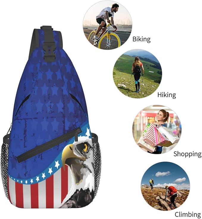 Bald Eagle American Flag Sling Bag Multipurpose Crossbody Sling Backpack Travel Cycling Hiking Shoulder Bag For Women Men