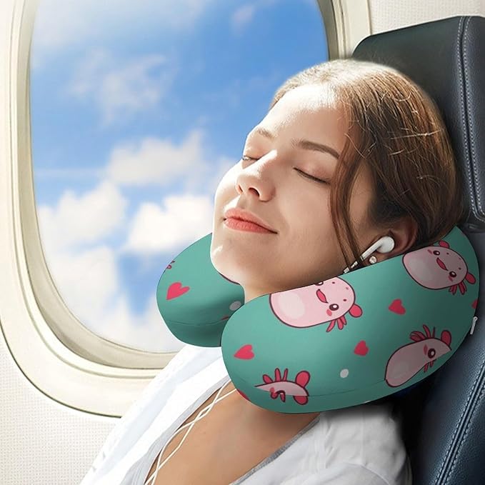 Men’s Comfort U-Shaped Neck Pillow Memory Foam Travel, Axolotls Hearts and Bubbles Green U-Shape, Breathable Car Airplane Support
