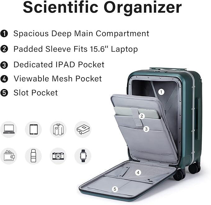 MILADA Wide Handle Carry On Luggage with Front Pocket Hardshell 20 Inch Front Opening Luggage with Spinner Wheels TSA Lock Aluminium Suitcase Airline Approved Carry-On Travel Luggage, Blackish Green