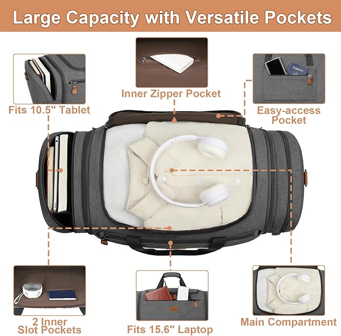 Canvas Mens Duffle Bag for Travel - Expandable 50L Weekender Bags with Toiletry Bag, Overnight Bag Travel Duffel Carry On Luggage with Removable Shoulder Strap, Durable & Water-Resistant