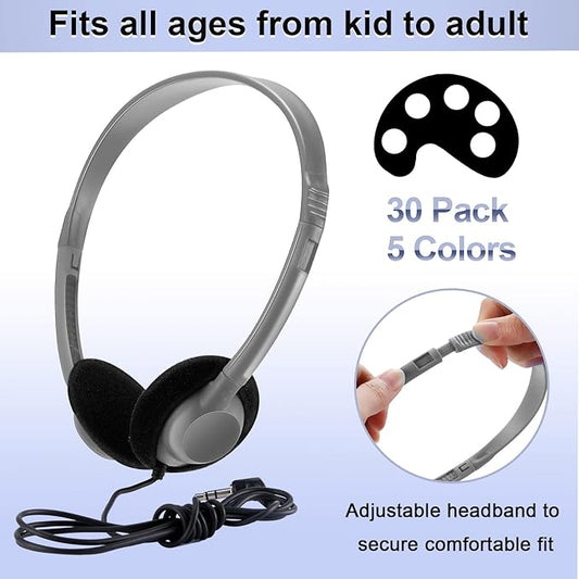 Yunsailing 30 Pack Class Set Headphones for Students Bulk School Headsets Earphones with 3.5mm Jack Classroom Must Haves Teacher Supplies for Adults Laptop Computer(Bright Color)