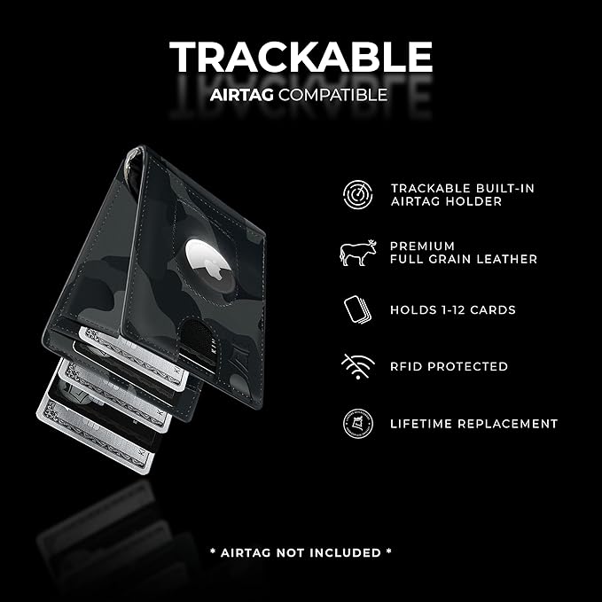 Kings Loot Trackable Airtag Wallet for Men | RFID Blocking Leather Design with Airtag Holder, Money Clip & Pull Tab | Minimalist Air Tag Wallets