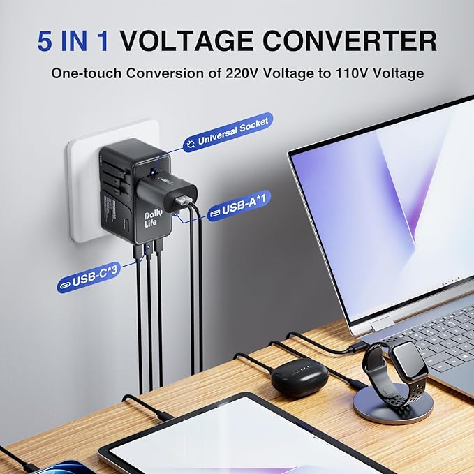 DAILYLIFE 220V to 110V Converter, Travel Adapter US to Europe - Power Converter Adapter Combo with 3 USB C and 1 USB A for US/UK/EU/AU, (1 Pack) - Black