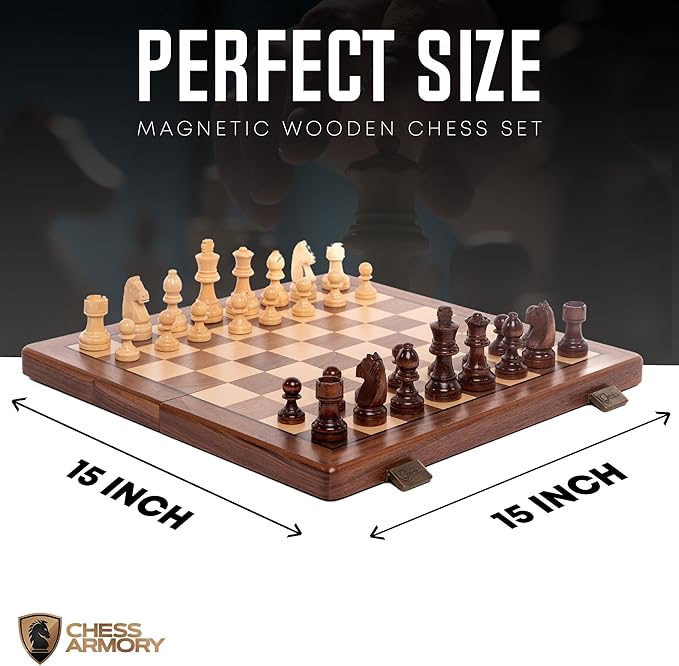 Chess Armory 15 inch Chess Set Magnetic - Premium Wooden Board Game with a Portable Wood Case and Secure Storage for Pieces, Set for Kids and Adults (Walnut Wood)
