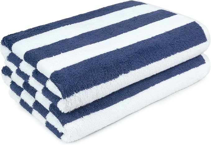 Amazon Basics 100% Cotton Terry Absorbent Cabana Stripe Pool & Beach Towels, Soft, Large, and Thick, 2-Pack, Navy Blue, 30 in x 60 in