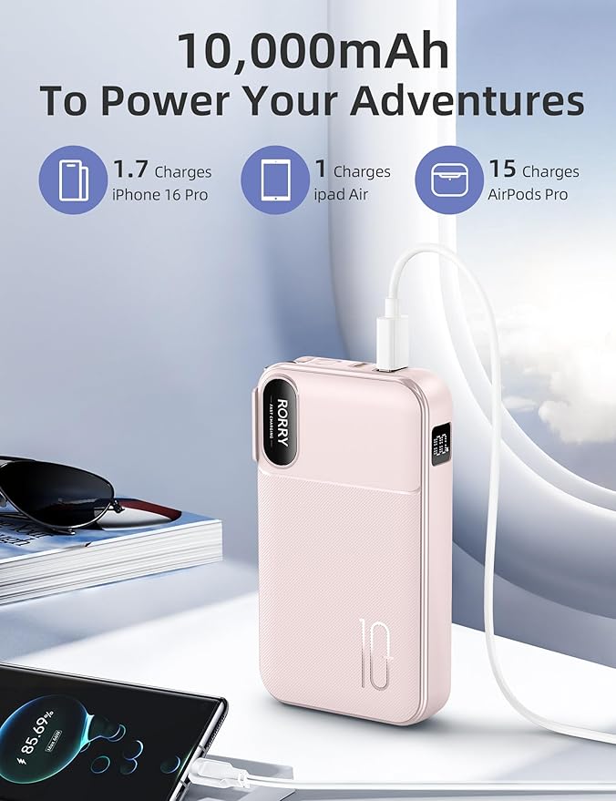 RORRY Portable Charger Built in Cables, AC Wall Plug in Portable Charger Power Bank 10000mAh Travel Battery Pack 22.5W Fast Charging for iPhone 17/16/15 Samsung Galaxy S24/S23/S22 Pixel LG iPad, Pink