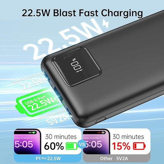 Portable Charger built-in Cables,Super fast charging Power Bank with Cords Wires,Slim 10000mAh Travel Battery Pack 4 Outputs 2 Inputs 3A Fast Charging compatible with IPhone Samsung Android (Black)