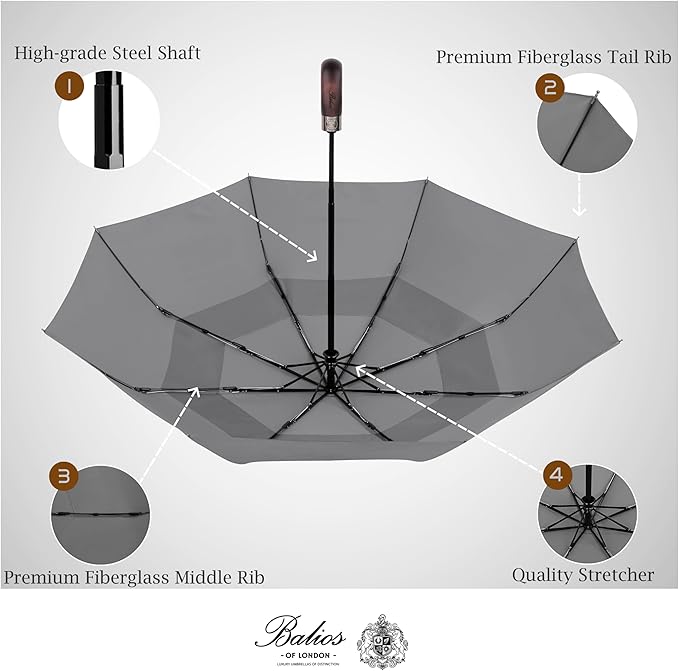Balios Travel Folding Umbrella with Real Wood Handle Auto Open Close Vented Windproof Canopy - Designed in UK