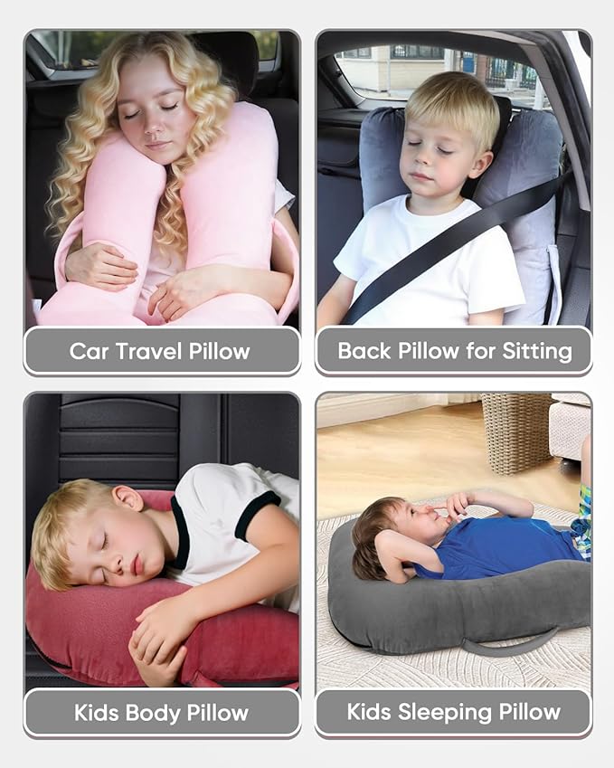 Car Travel Pillow for Kids Adults, Raised Padding Head and Neck Support Car Seat Sleeping Pillow for Toddlers, Portable U Shaped Body Pillow for Car Seat On Road Trip (Dark Gray)