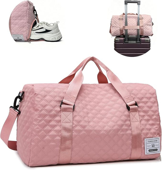 Large Foldable Gym Bag with Shoes Compartment&Wet Pocket,Hospital Bag for Women Labor Delivery,Carry On Overnight,Duffle Bags for Travel,Dance,Cheer,Yoga (Pink)