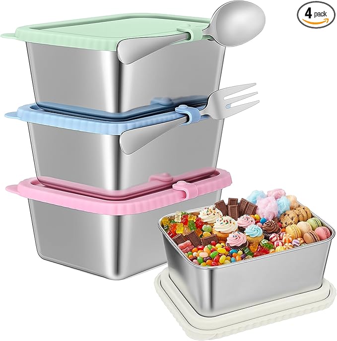 Acellegic Stainless Steel Snack Containers with Silicone Lids, 15 oz Reusable Food Storage Deli Containers for Meal, Leak Proof, Easy Open BPA Free Daycare and School (Blue, Pink, Green,Beige,4 Pack)