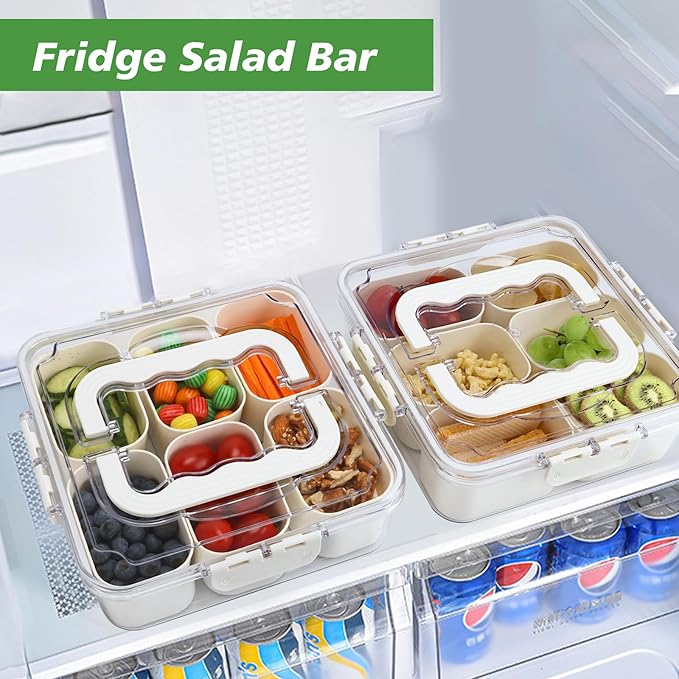 SMALL Divided Serving Tray with Lid and Handle, Portable Snack Box Container, 6 Compartments Veggie Fruit Snackle Tray,Charcuterie Box Container for Party, Travel, Entertaining,Picnic, SMALL SIZE