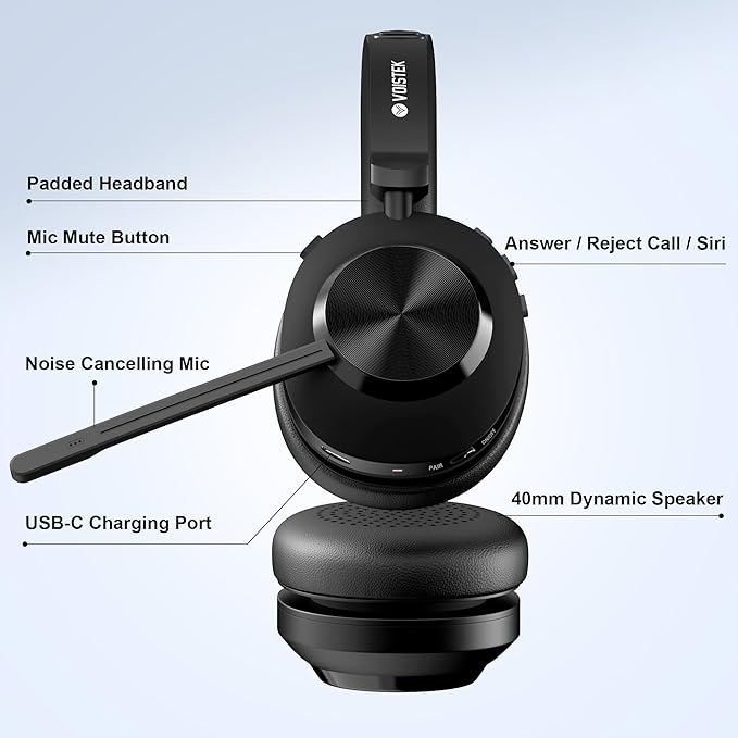 Wireless Headset, Bluetooth Headset with Noise Cancelling Microphone for PC,On-Ear Headphones with USB Dongle & Mute Button for Office Work, Video Meeting,Cell Phones, Computer