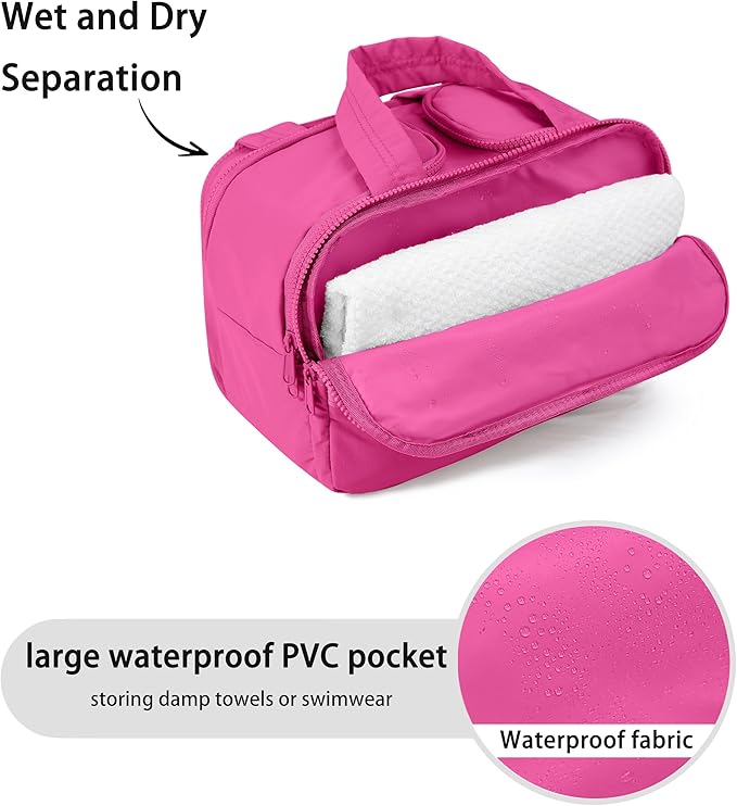 Travel Toiletry Bag for Women, Large Wide-open Puffy Cosmetic Makeup Bag with Wet-Dry Separation, Multi-Pocket Organizer with Carry Handle for Toiletries, Cosmetics, Essentials, Rose Red
