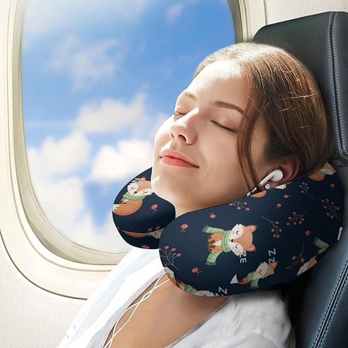 Women’s Travel Pillow U-Shaped Memory Foam Neck Rest, Cute Fox U-Shape, Washable Airplane Car Support
