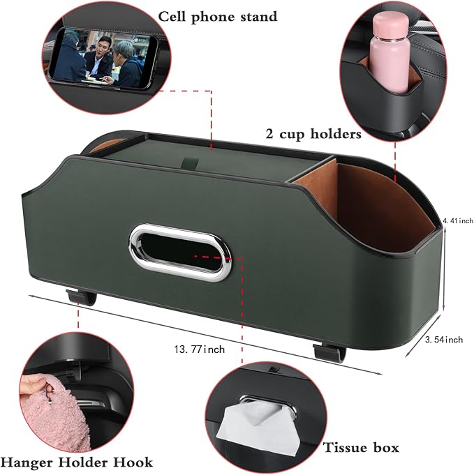 HOLDCY Car Back Seat Organizer with 2 Drink Cup Holder - Tissue Box and Storage Box Hook - Multi-functional Storage - Great for Kids and Travel (Green)