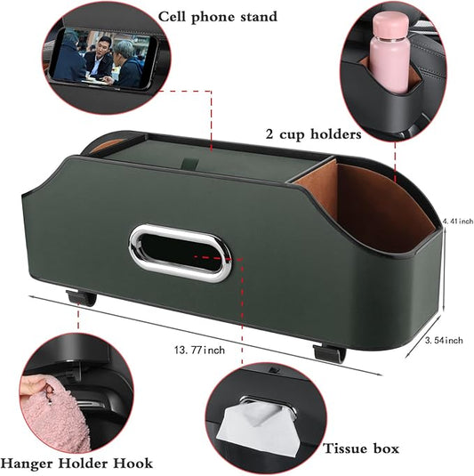 Car Seat Back Organizer - Stylish & Functional Storage for Family Adventures - Cup Holders, Tissue Box & Hooks - Perfect for Kids, Road Trips & Travel (Emeralds)